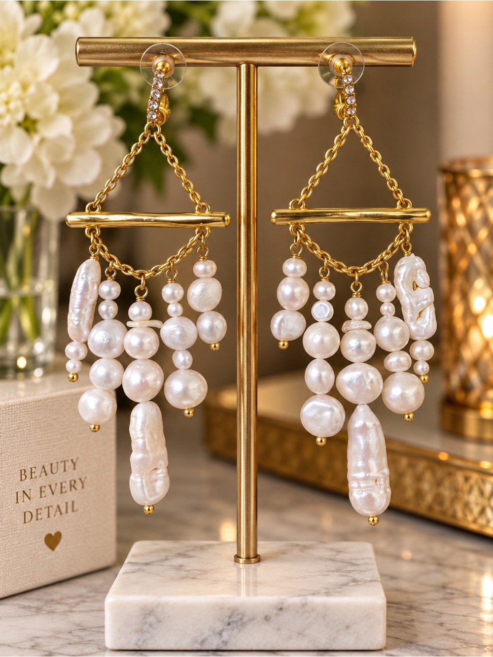 Gold and White Pearl Chandelier Earrings - Elegant Women Jewelry